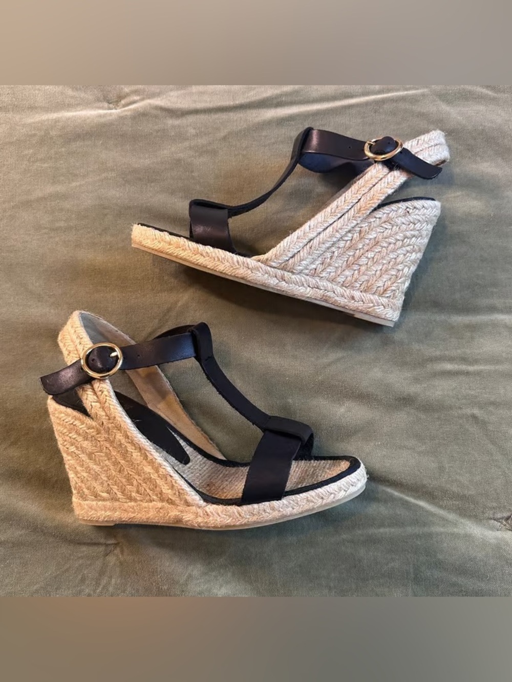 Time and Tru Black T-Strap Espadrille Wedge Sandals